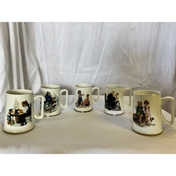 Norman Rockwell Museum Collectables Coffee Mugs Cups Gold Trim Set Of 5 - Picture 1 of 12